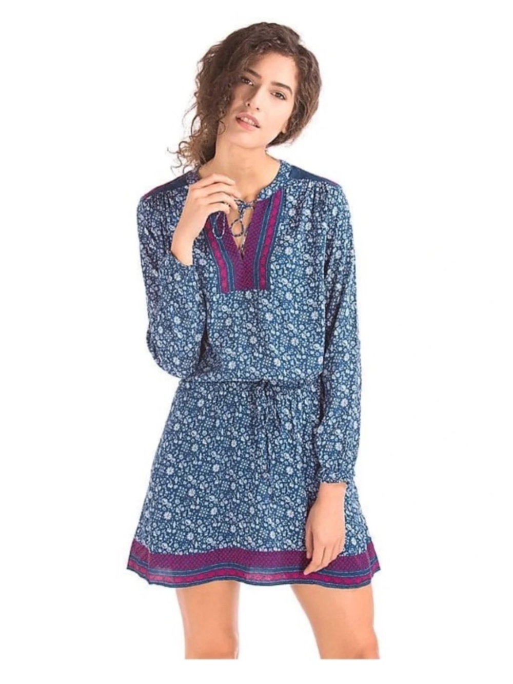 GAP Navy Blue Floral Peasant Tunic Dress with Pink Trim